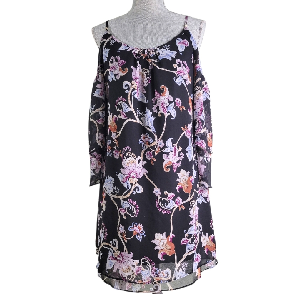 White House Black Market Small Petite Cold Shoulder A-Line Black Floral Dress